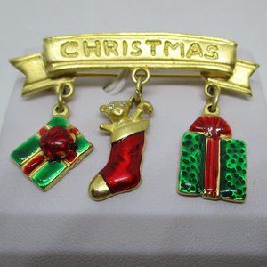 Lia Rhinestone Enamel Dangle Christmas Brooch Lia Enamel Christmas Rhinestone
